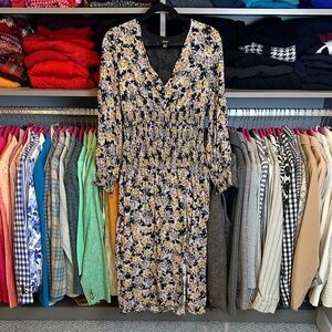 AFRM black/pink/orange floral long sleeve front slit v neck midi dress size M